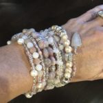 Moonstone, silver and freshwater pearl 12 wrap memory wire