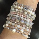 Moonstone, silver and freshwater pearl 12 wrap memory wire